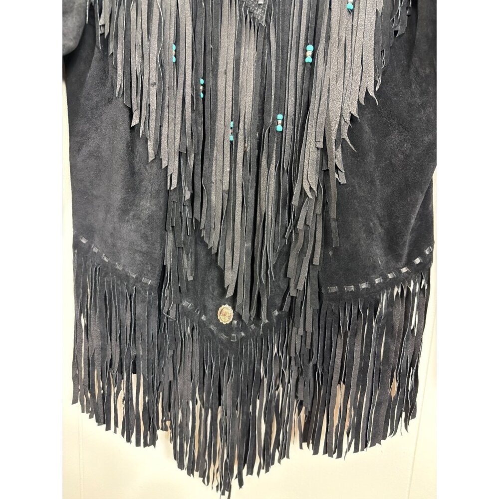 Vintage Womens Genuine Leather Black Fringe Jacket With Turquoise Bead Accents S - Picture 8 of 16